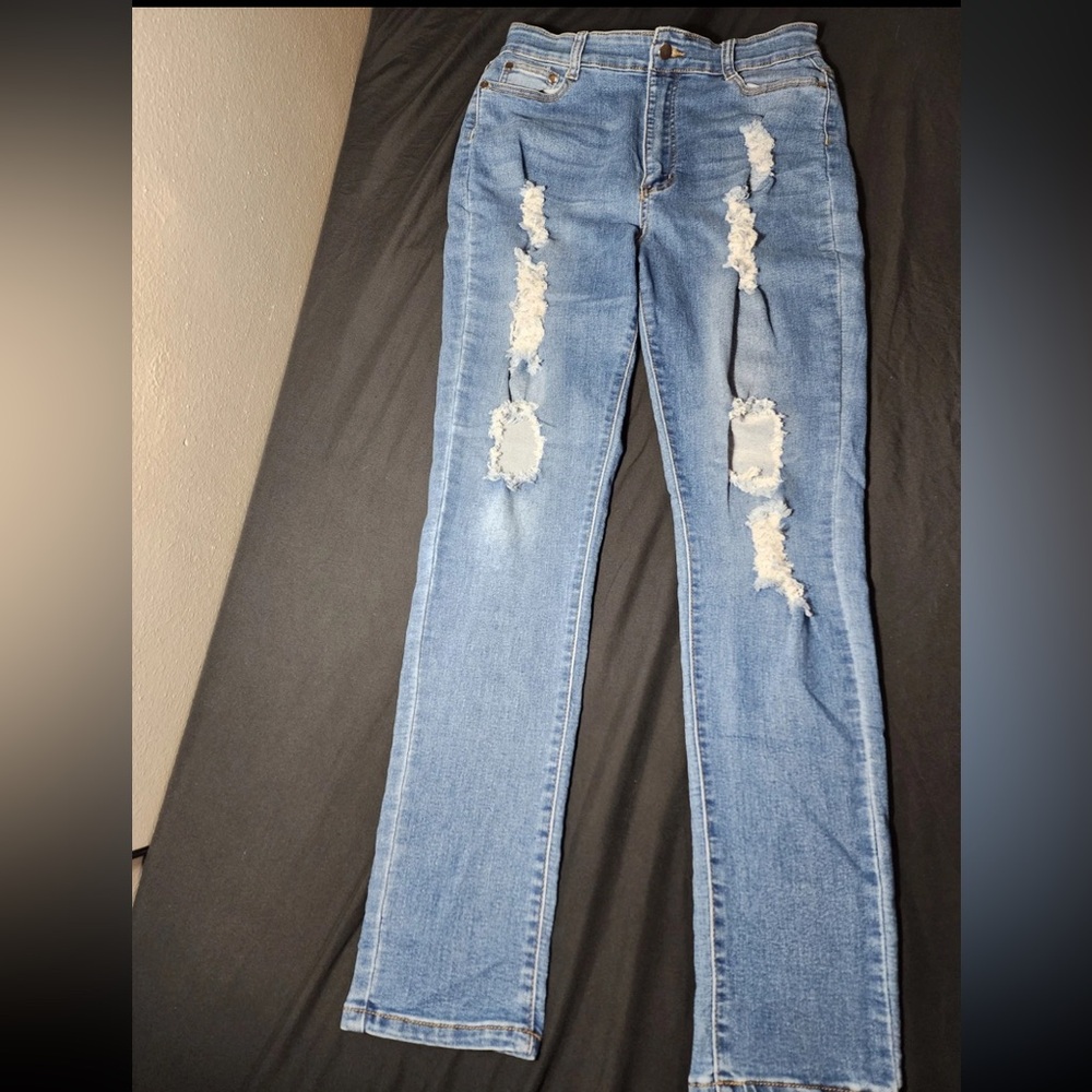 Fashion Nova Light Blue Distressed Skinny Jeans